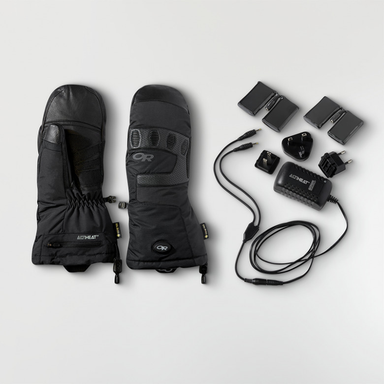 Outdoor Research Lucent Heated Sensor Mitts with associated plugs and chargers