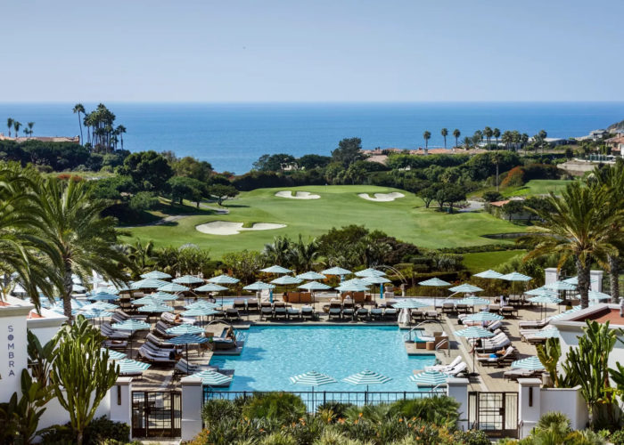 Pool and golf course overlooking the ocean at Waldorf Astoria Monarch Beach Resort and Club