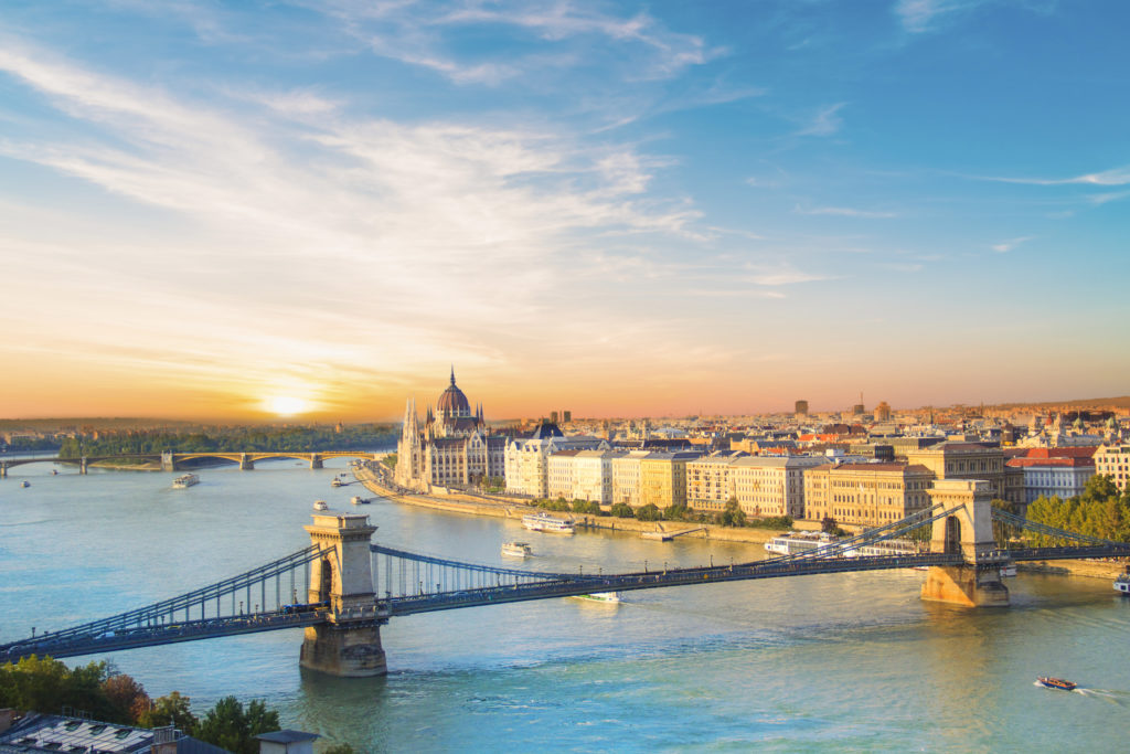 Aerial view of the skyline of Budapest, Hungary at sunset