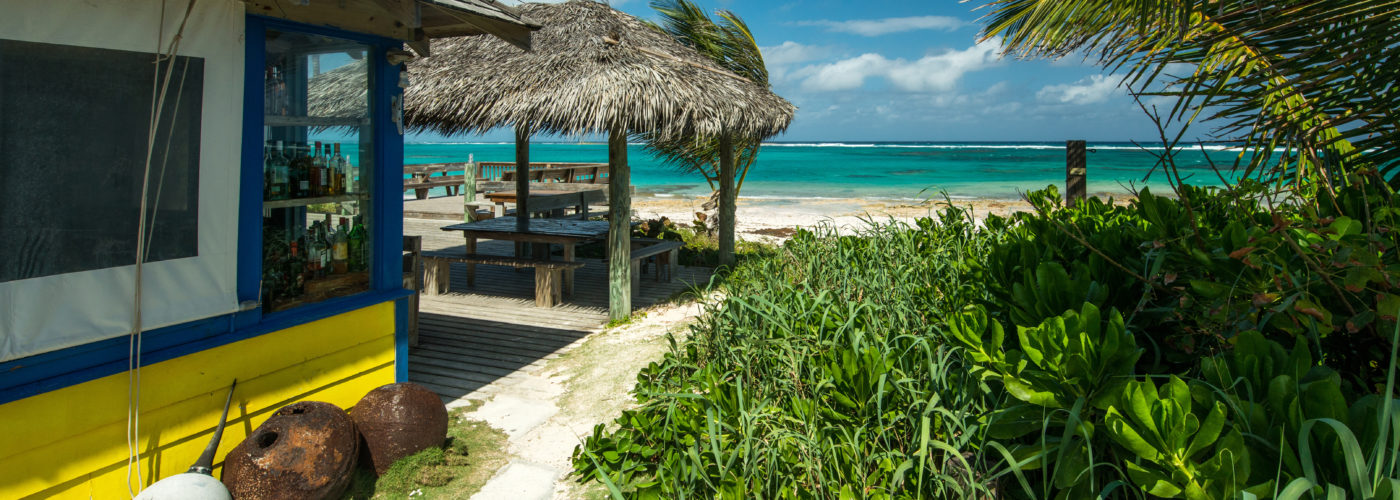 View of awnings on the beach in Eleuthera, Bahamas