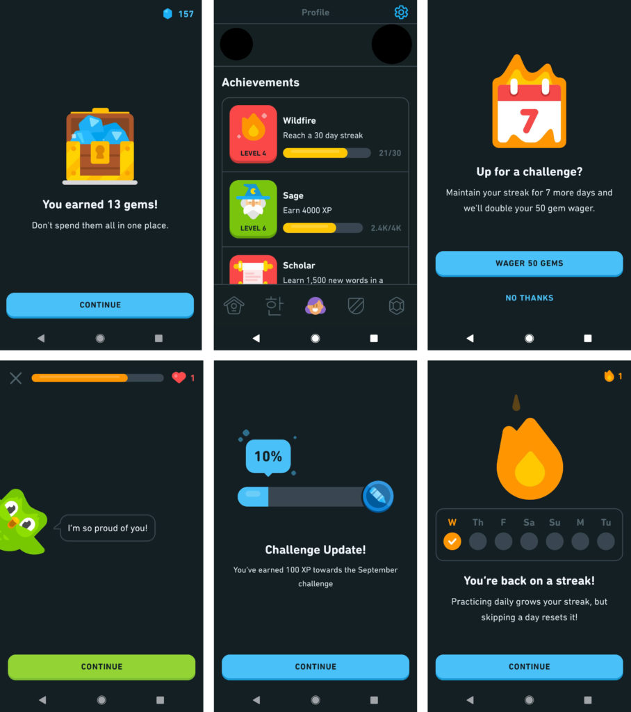 Screenshots of various prompts and notifications from the Duolingo language learning app