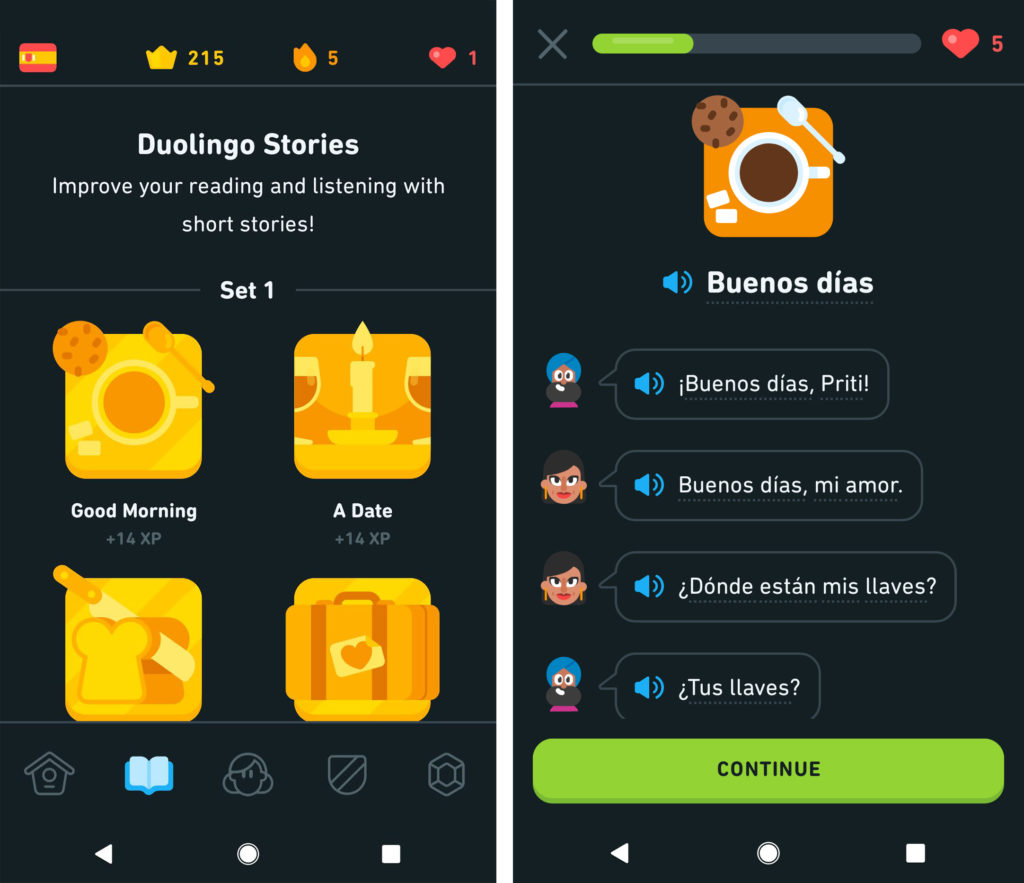 Screenshot of the Stories feature in the Duolingo Spanish course