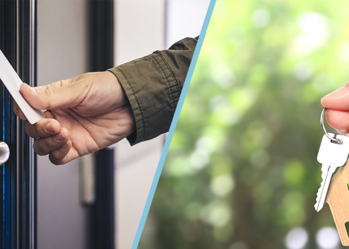 Two images side by side, one of a hand holding keys to a house and one of a hand opening a hotel door