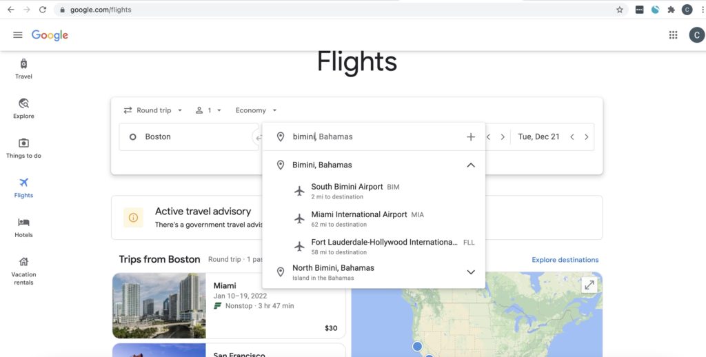 Screenshot of search feature on Google Flights