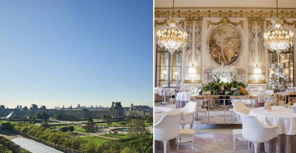 Distant exterior view of Le Meurice (left) and interior view of gold and white dining room in Le Meurice hotel in Paris, France (right)