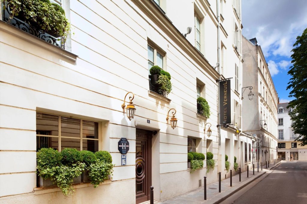 Street view of the Hotel Verneuil in Paris, France