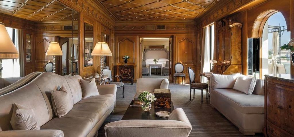 A wood paneled sitting room in Hotel Hassler, Rome, Italy