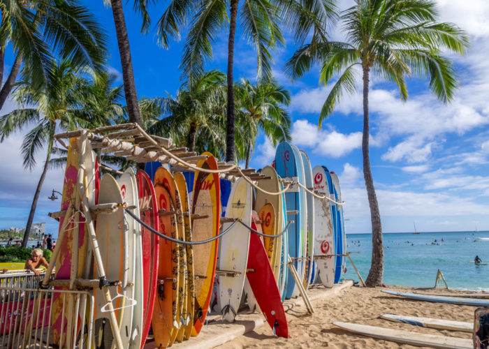 Surfboards lined up on Waikiki beach.