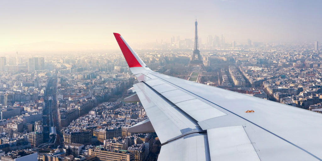 View of Paris skyline through airplane window