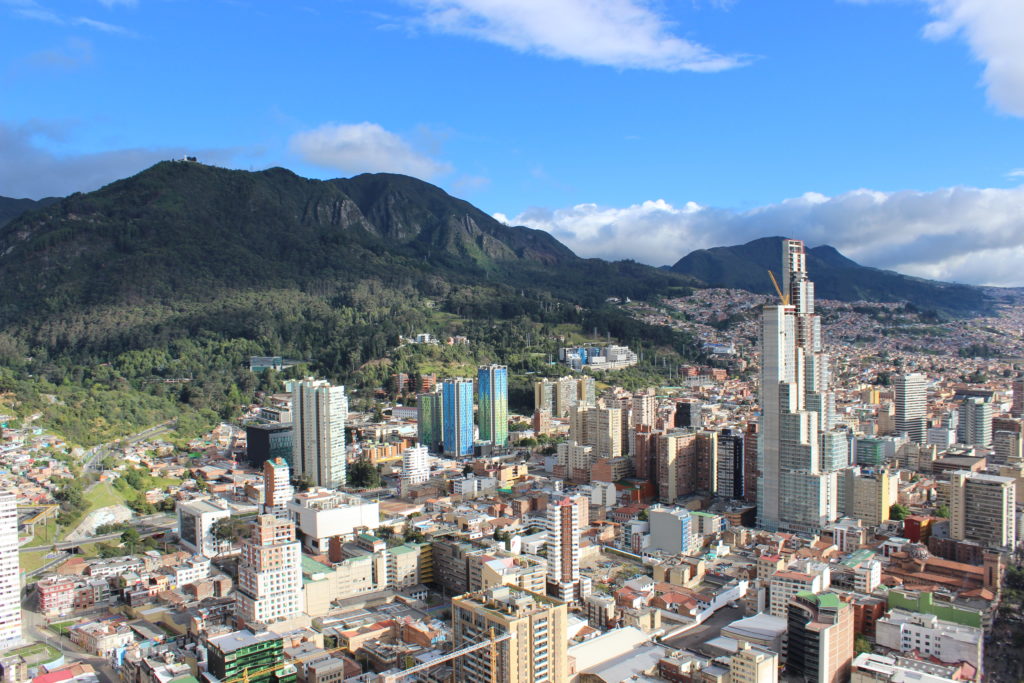 Aerial view of Bogota, Colombia with mountains in the background