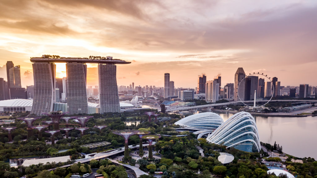 Aerial view of Singapore skyline at sunset