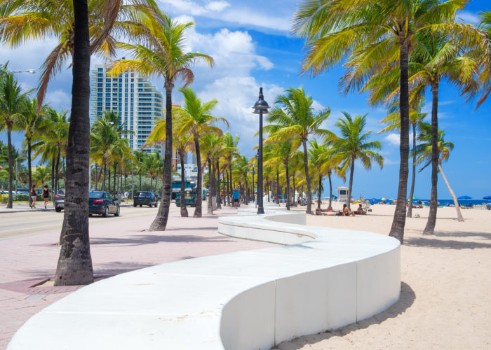 Wavy white bench on the beach in Fort Lauderdale, Florida