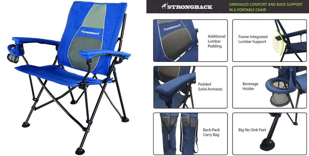 STRONGBACK 2.0 Elite Camping Chair (left) and close up of various features, including lumbar padding, padded armrests, cup holders, carrying bags, and no-sink feet for stability