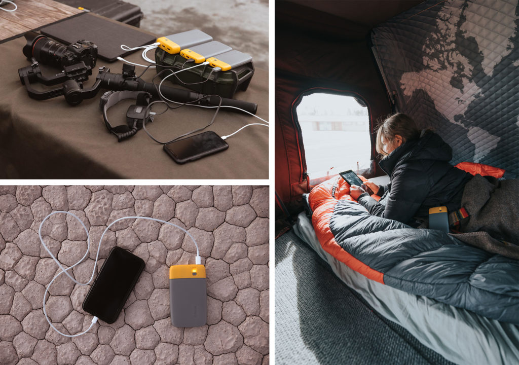 Collage of images of people using BioLite portable chargers to charge cameras, phones, and devices while camping