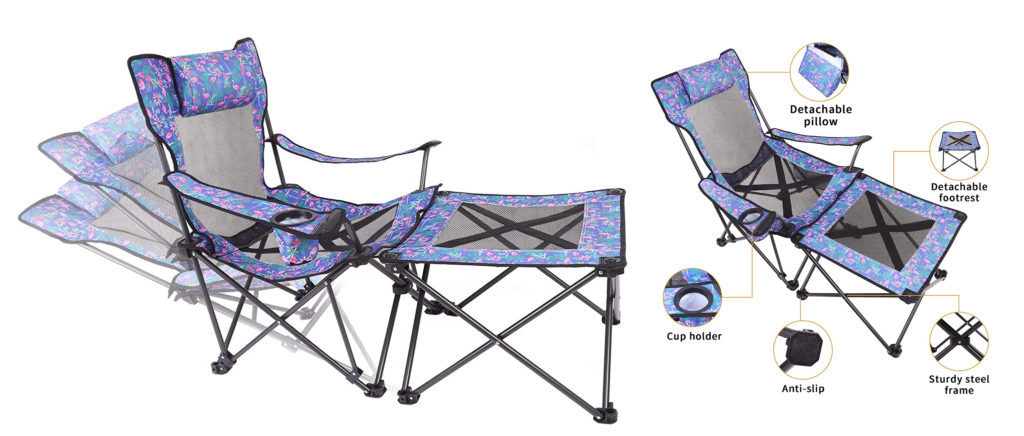 Two views of the comfy KABOER Portable Camping Chair with Footrest, with a close up of cup holders, sturdy legs, and other features