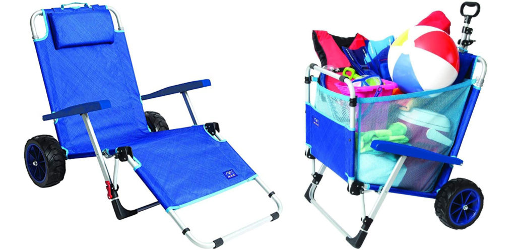 Two views of the Mac Sports 2-in-1 Beach Day Folding Lounge Chair, one in chair mode and one in beach cart mode
