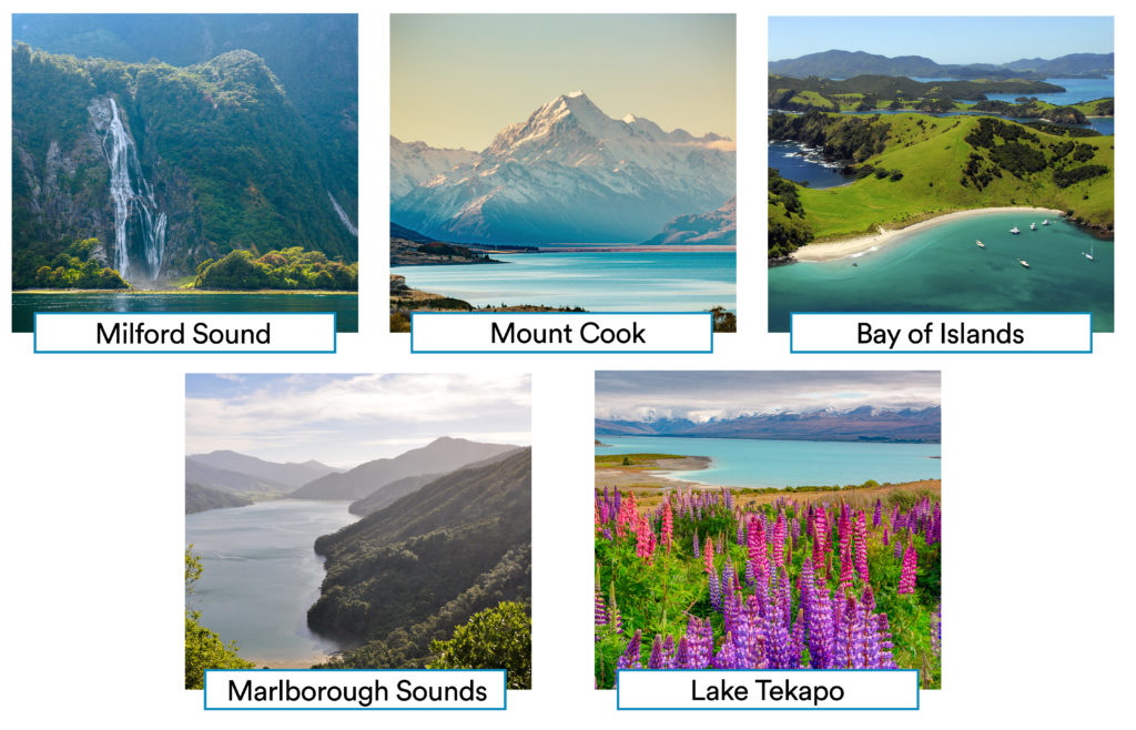 Five images of picturesque locations around New Zealand (listed below)