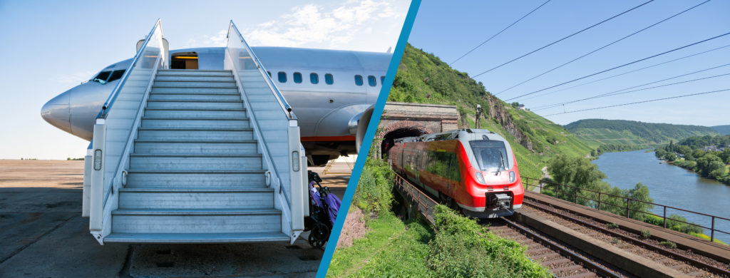 Stairs leading up to a plane (left) & train exiting a tunnel (right)