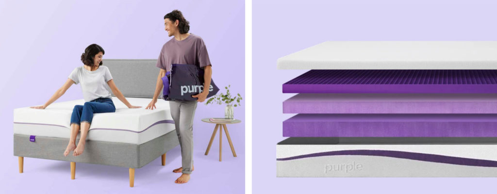 A woman sitting on a Purple mattress and a man standing next to her (left) and a cutaway graphic showing the interior of a Purple mattress (right)