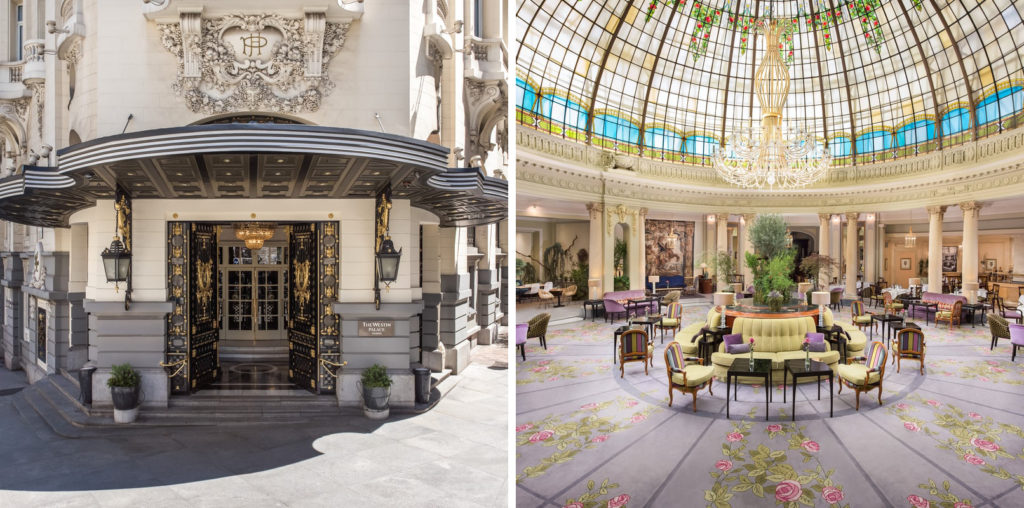 Exterior view of the entrance to The Westin Palace Hotel (left) and an interior view of a large room with a rounded glass ceiling in The Westin Palace Hotel (right)