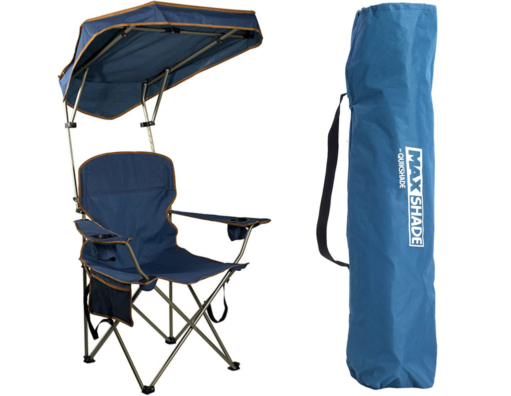 Quik Shade MAX Shade Chair with canopy (left) and Quik Shade folding chair storage bag (right)
