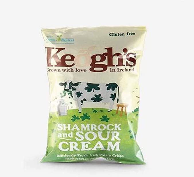 A cream and green bag of Keogh's Shamrock and Sour Cream Crisps