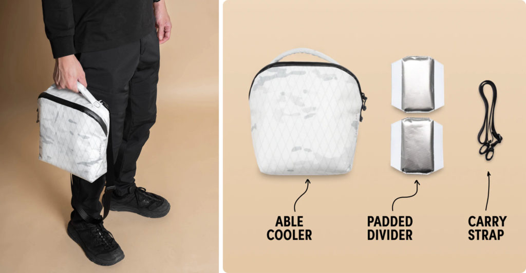 Close up of person holding the Able Cooler (left) and a breakdown of the different parts of the Able Cooler (left)