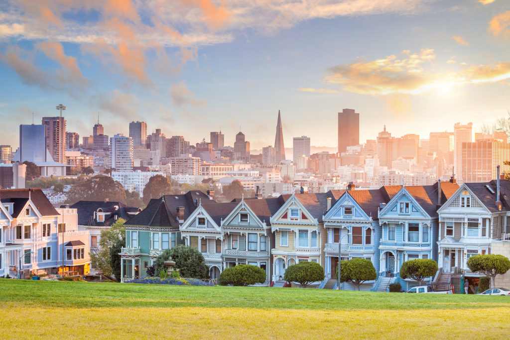 Street view of Alamo Square in San Francisco, California at sunset
