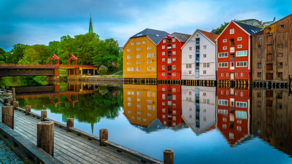 Colorful houses on the water in Trondheim, Norway
