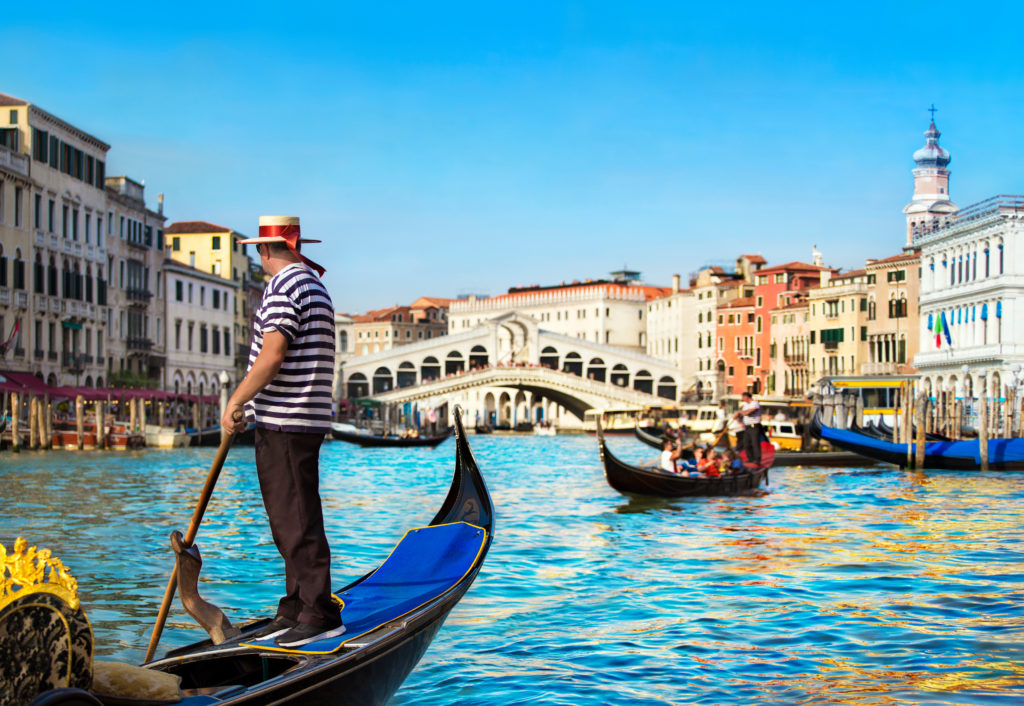 Two gondolas on a canal in Venice, Italy