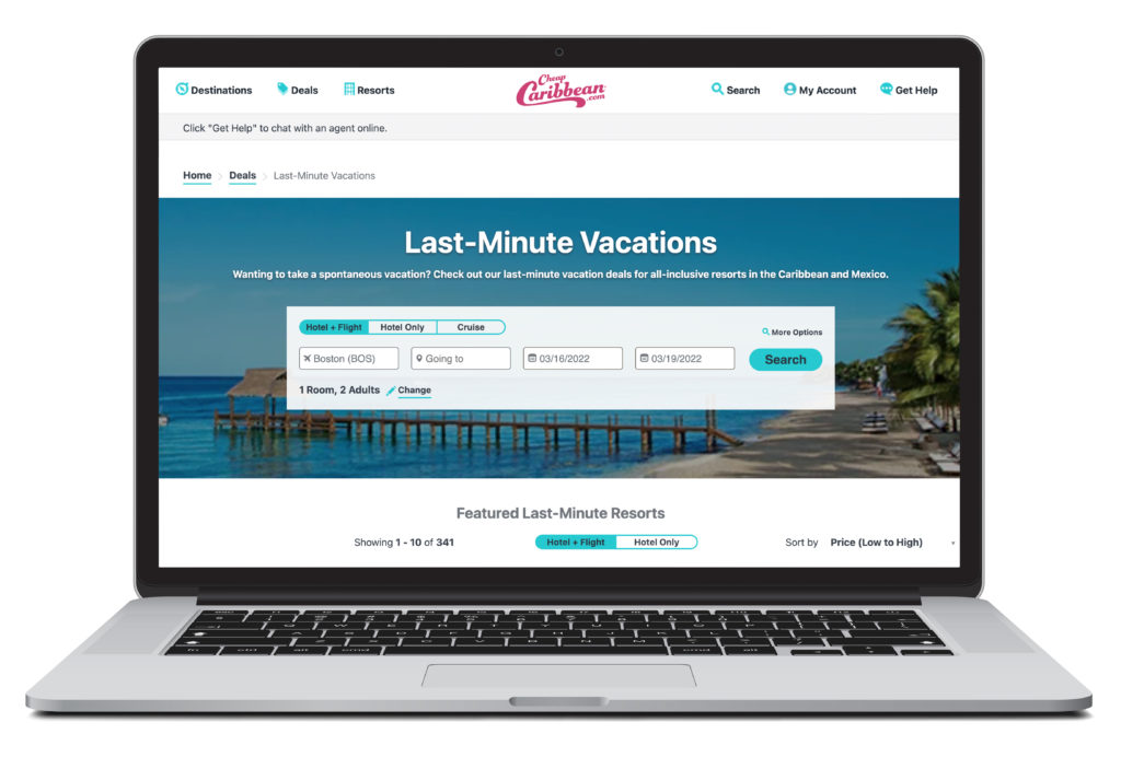 An open laptop showing the last minute travel page of CheapCaribbean.com, a page where you can book last minute