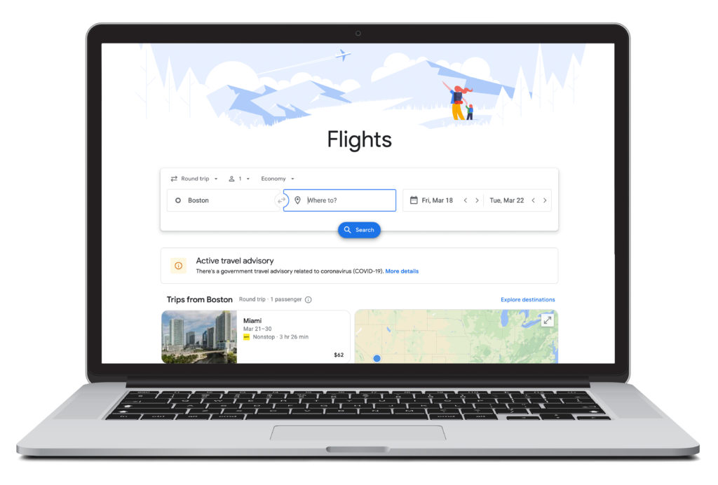 Open laptop showing homepage of Google Flights search, a place where you can book last minute travel