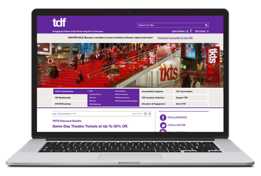 An open laptop showing the homepage of TKTS, a place to book last minute tickets