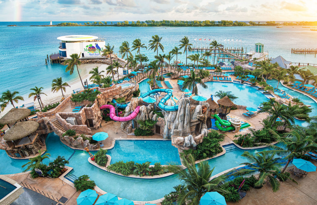 Aerial view of waterpark and lazy river at Margaritaville Beach Resort Nassau in Nassau, Bahamas