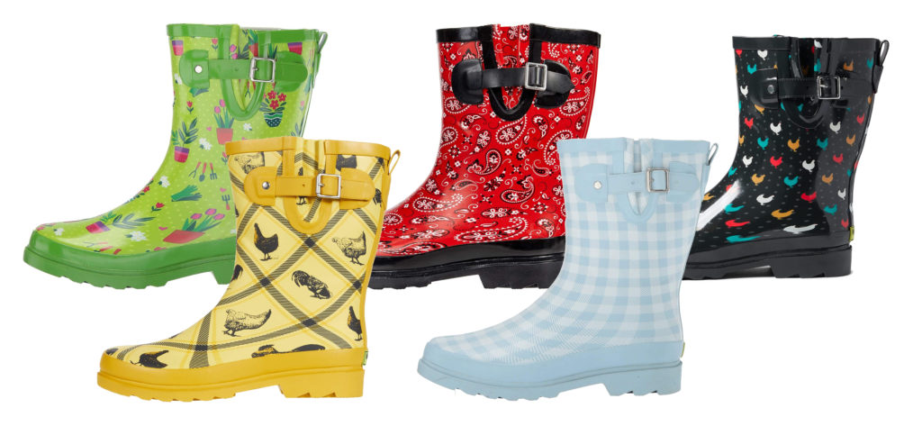 Five color and design options of the Western Chief Waterproof Mid Rain Boot
