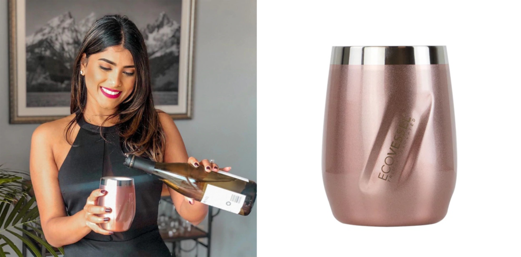 EcoVessel Wine Tumbler in rose gold alongside an image of a woman pouring wine into a EcoVessel Wine Tumbler