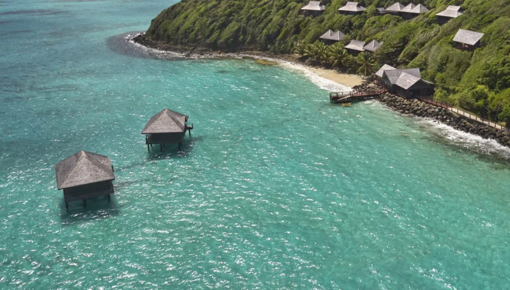 Aerial view of the two building overwater spa at Mandarin Oriental, Canouan