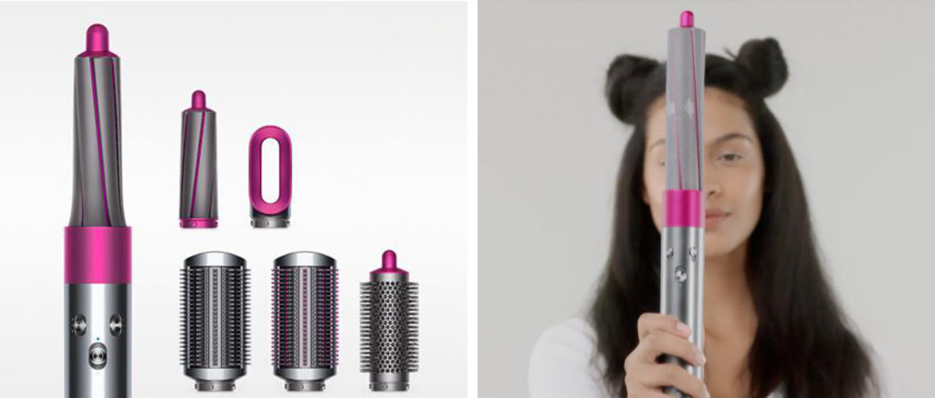 Flat lay of Dyson Air Wrap and various attachments (left) and image of woman holding Dyson Air Wrap up to the camera (right)