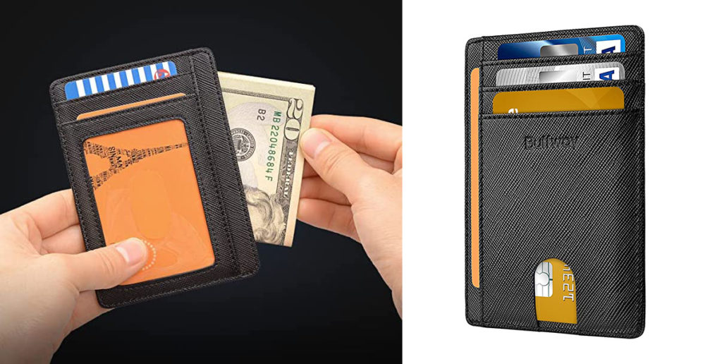 Person removing money from a thin wallet (left) and close up of same wallet (right)