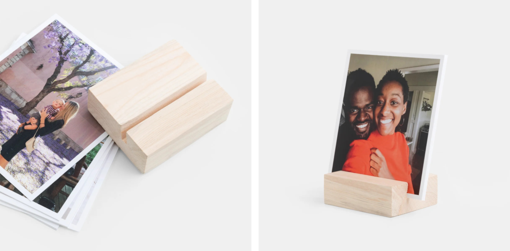 Two images side by side of a wood block picture holder surrounded by and displaying family photos