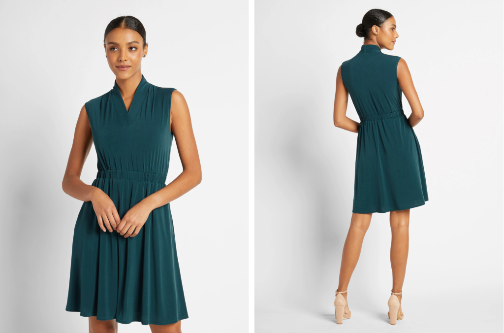 Two views of the Of Mercer Park Place Dress in a jewel tone green
