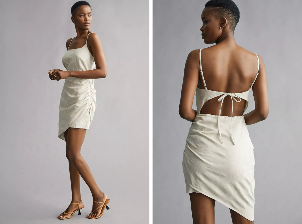 Two views of the Flat White Ruched Mini Dress from Anthropologie in off white