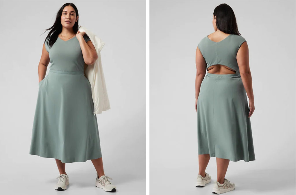 Two views of the Athleta Ryder Dress in a sage green color