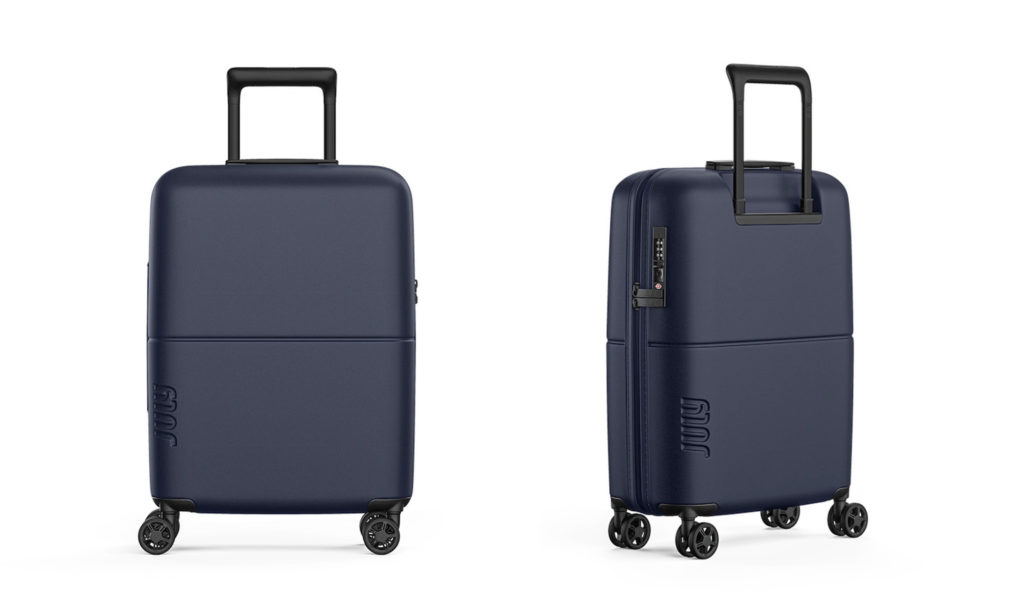 Two view of the July Carry-On Light suitcase in dark blue