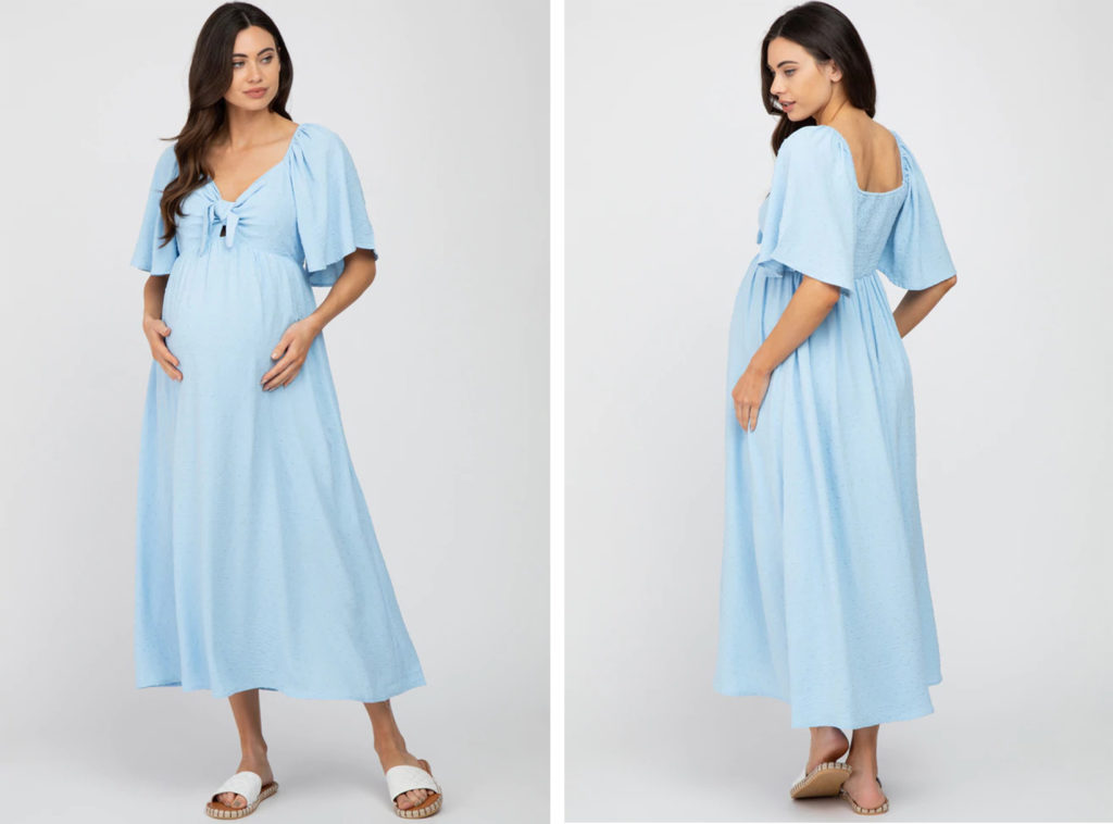 Two views of the PinkBlush Ruffle Sleeve Maternity Midi Dress in a light blue