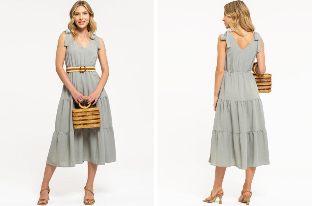 Two views of the August Sky Women's Sleeveless Tiered Midi Dress in a light grey