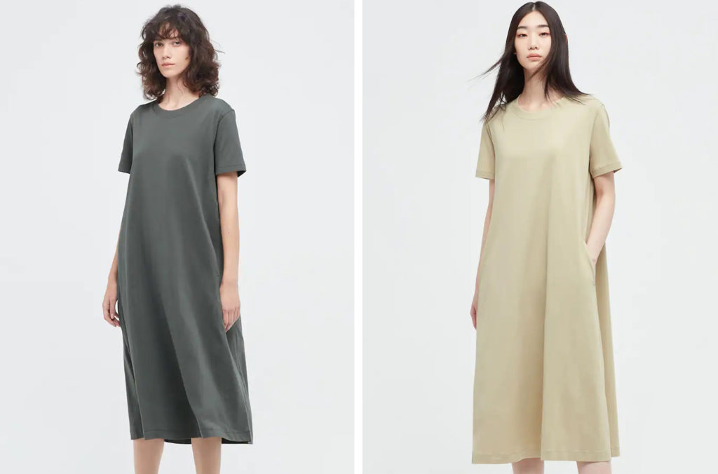 Two views of the UNIQLO Airism Cotton Short Sleeved Flare Dress in grey and beige
