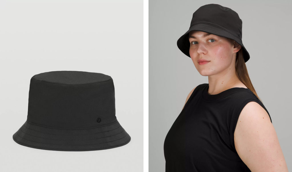 Two views of the lululemon Both Ways Reversible Bucket Hat in the color Black and Heritage 365 Camo Deep Coal Multi