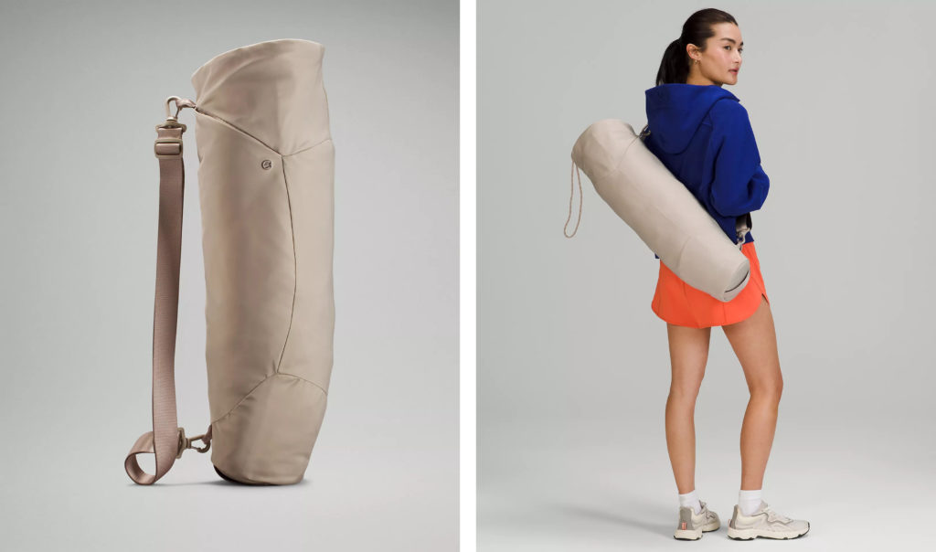Two views of the lululemon Adjustable Yoga Mat Bag in the color Raw Linen