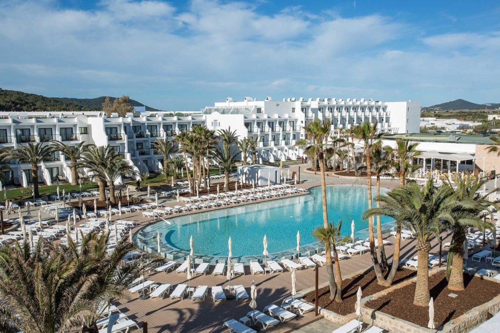 Exterior and pool area at the Grand Palladium White Island Resort and Spa, Ibiza, Spain